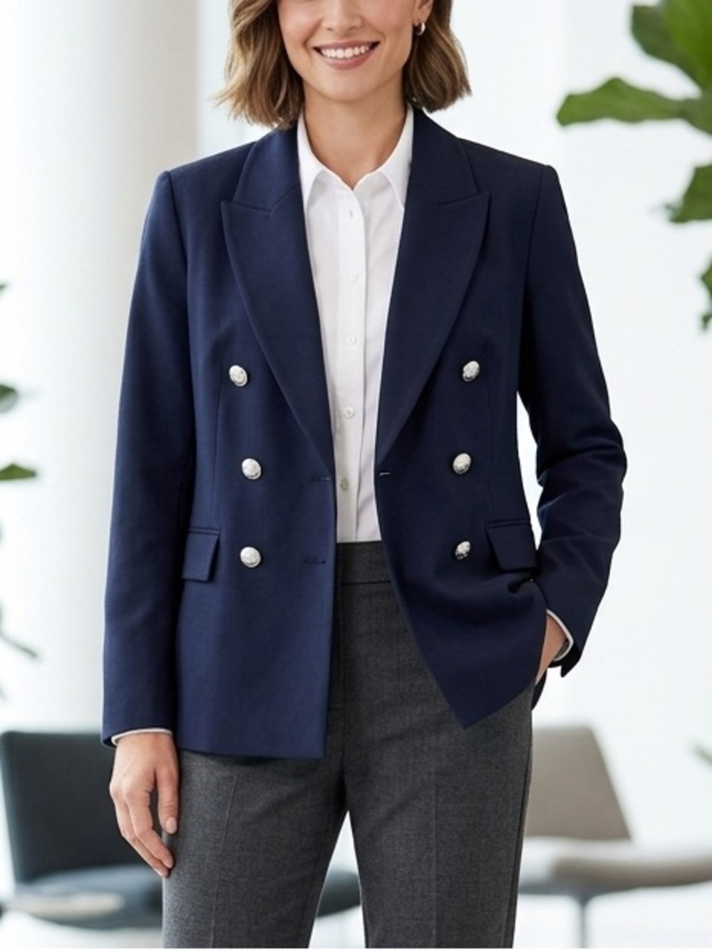 Primark Navy Blue Double-Breasted Blazer with Silver Buttons | Tailored Suit Jac